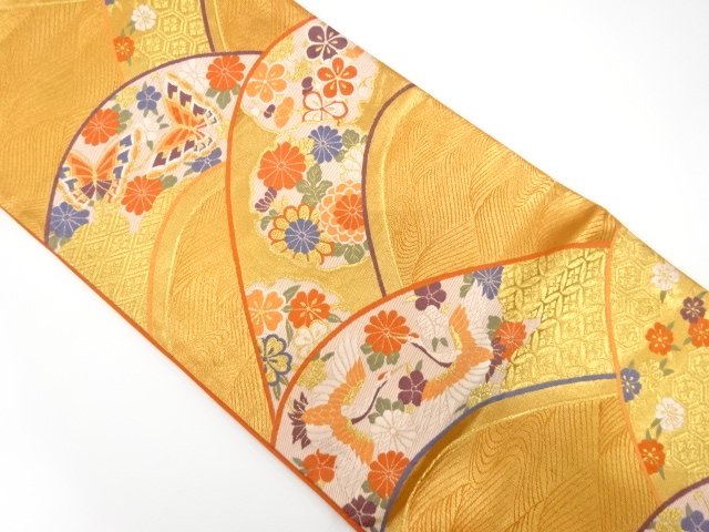 Antique Woven pouch obi with crane, butterfly, and flower patterns in variegated